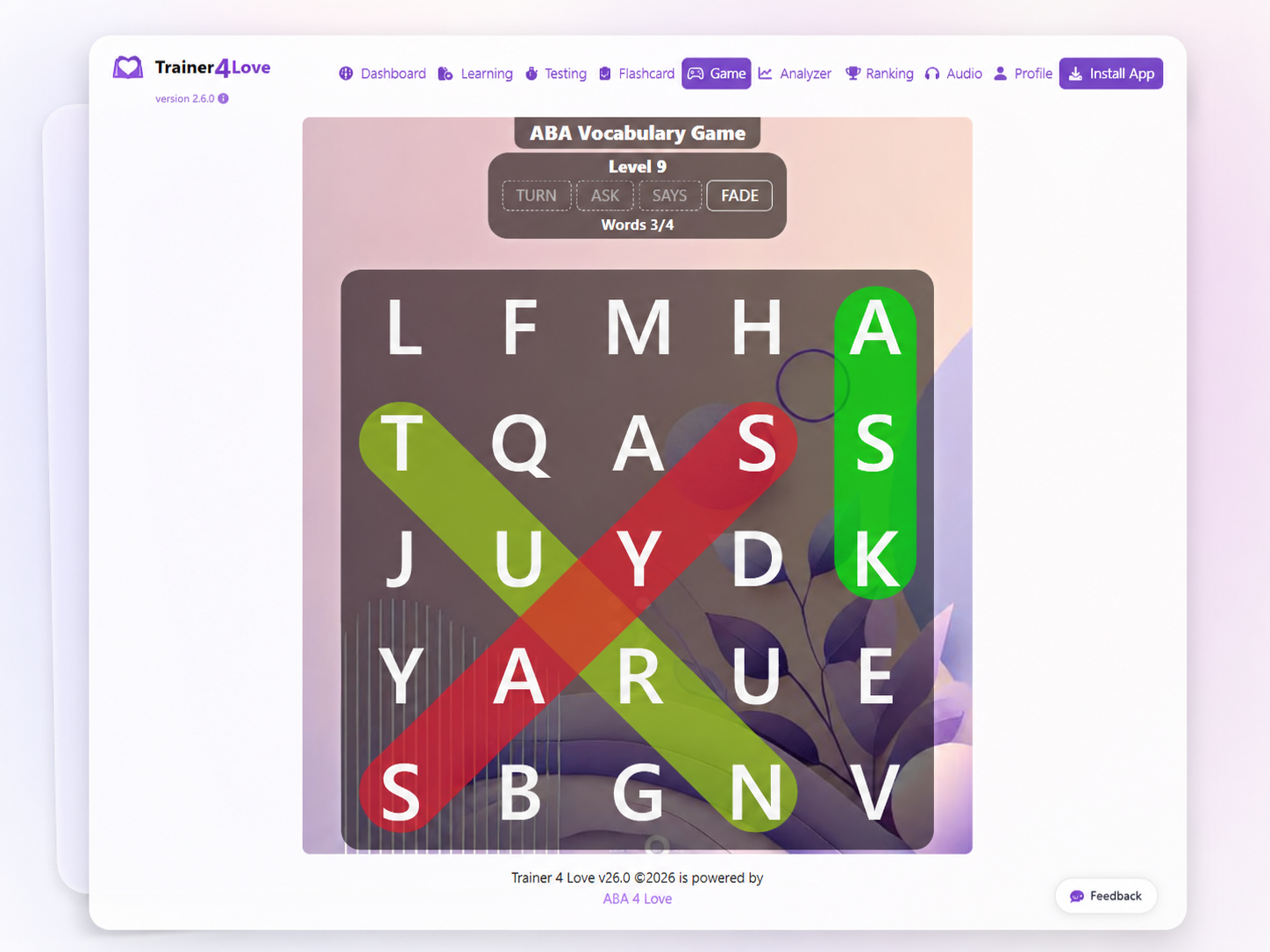 Tablero del Juego de Vocabulario con palabras destacadas.